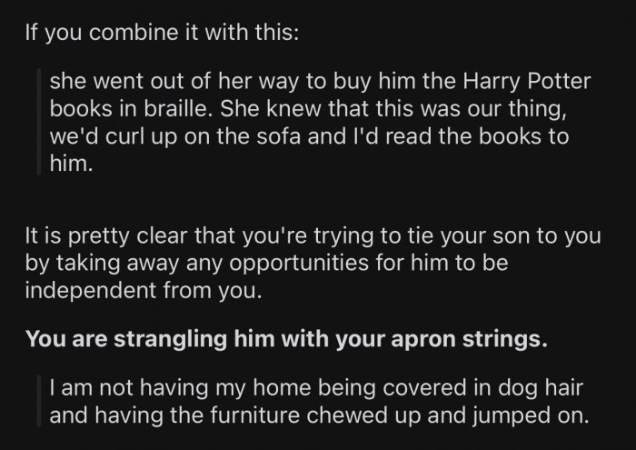Op is trying to tie her son to her.