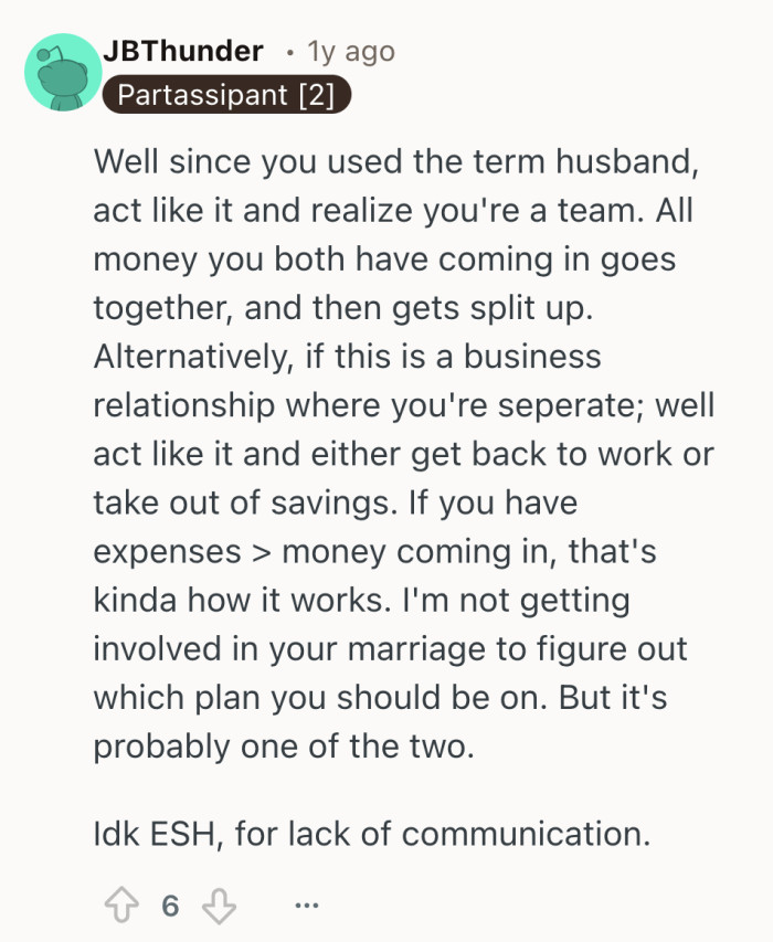 A blunt take that says the real issue isn’t the loan, it’s treating a marriage like a business partnership with no shared plan.