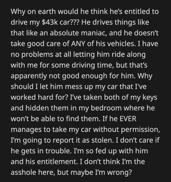Was OP too protective of her car? After all, her dad helps her with its maintenance.