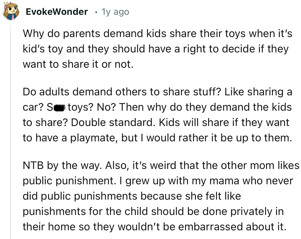 “NTB by the way. Also, it’s weird that the other mom likes public punishment.”