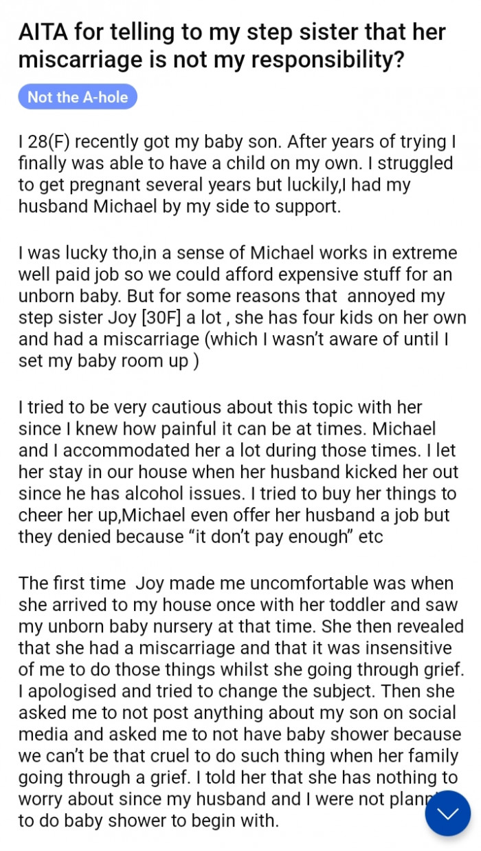 1. OP shared in this Reddit community that her stepsister had a miscarriage.