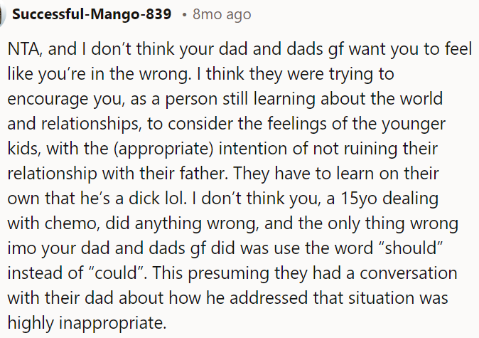 It's not OP's fault, especially given her health struggles.