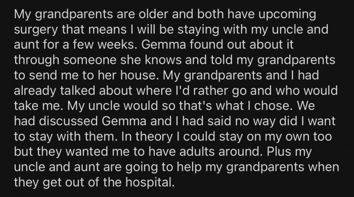 Gemma found out about the upcoming surgery and wanted OP to come to her house.