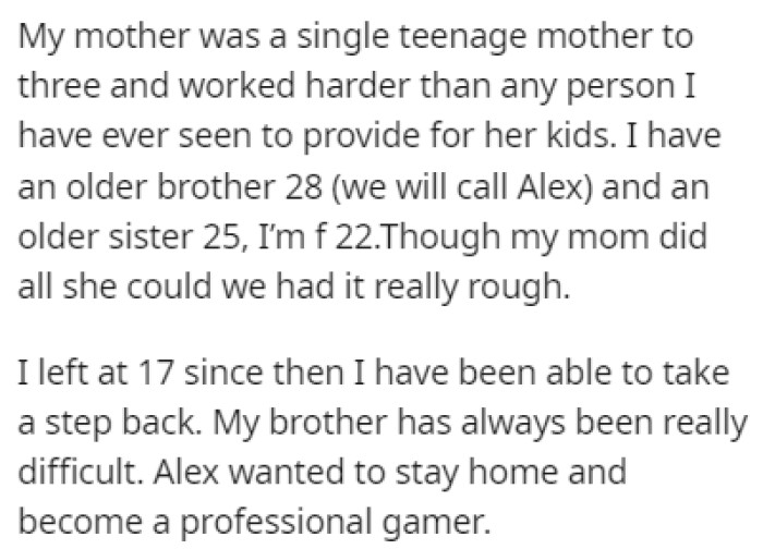 OP's mother was a single teenage parent who worked harder than anyone to provide for her three kids