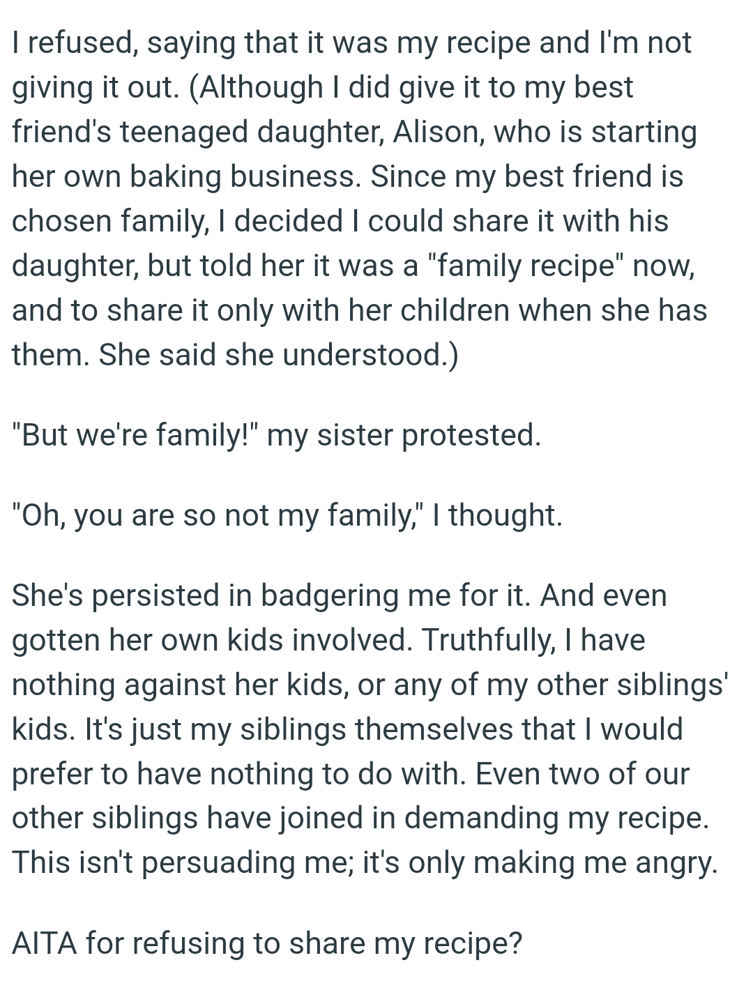 She's persisted in badgering the OP for it and has even gotten her own kids involved