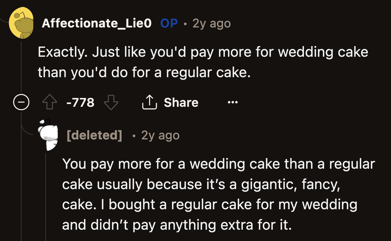 She tried to equate it with how pricey wedding cakes are. If OP were a cake designer and a client asked for a regular cake, but OP found out on the day that it was for a wedding, would she charge the client more on the spot?