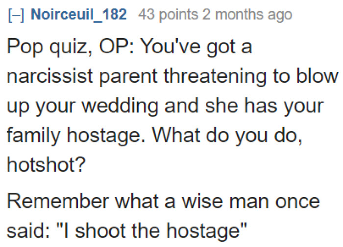 The OP doesn't need a narcissistic mom at her wedding.
