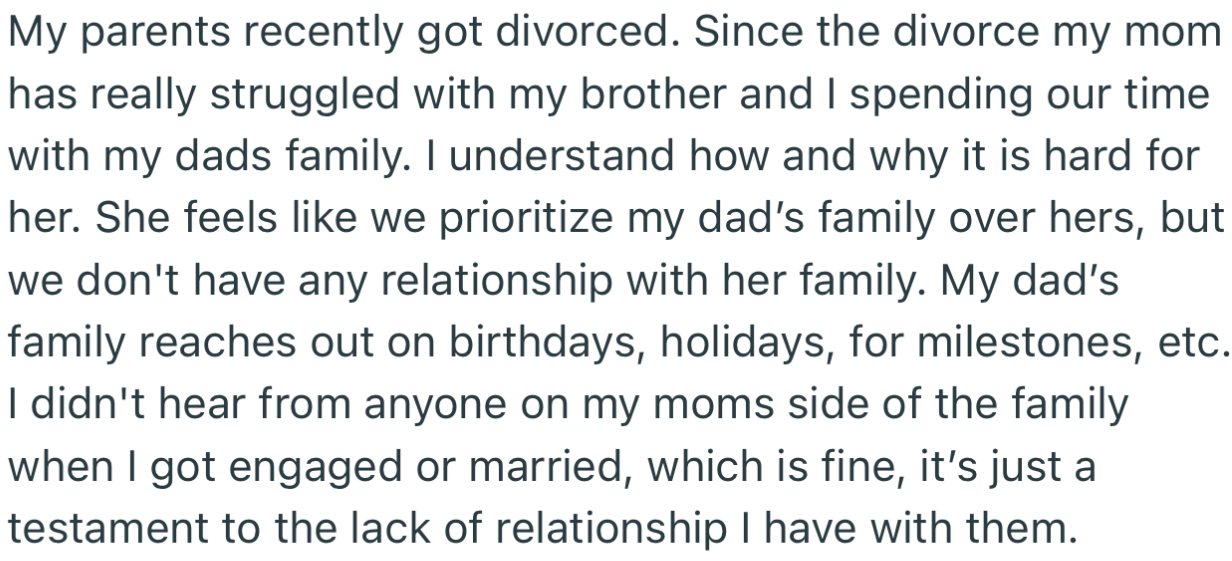 OP’s Parents Got Divorced, and It Was Evident That Their Mom Was Hurt That They Spent More Time with Their Dad’s Family Rather Than Hers