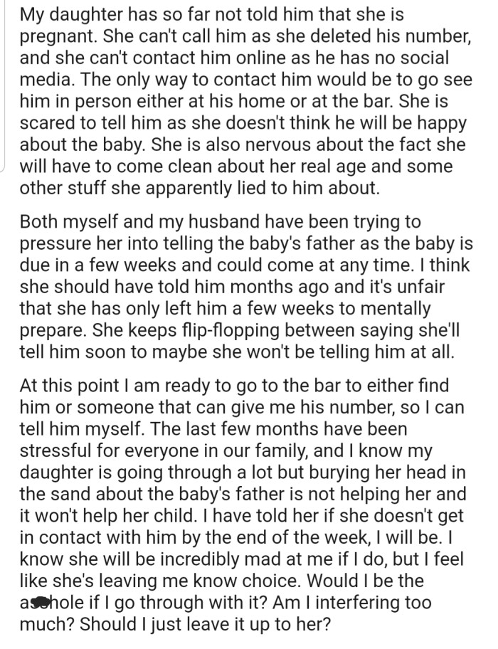 OP has been battling with their daughter to reach out to the father, but she seems adamant on stalling till after the child is born