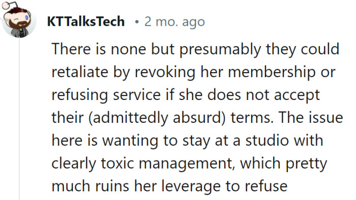 It's like being stuck in a bad dance where she can't refuse without risking losing her spot on the floor.