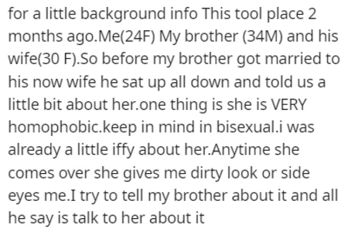 Before OP's brother got married, he made it clear to everyone that she's homophobic