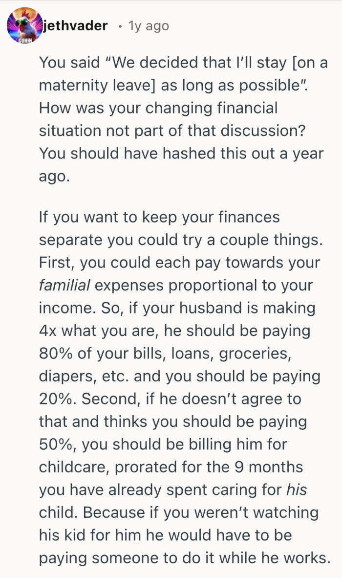It could've been a conversation that should have happened much earlier, especially since childcare and income changes reshape what “fair” looks like.