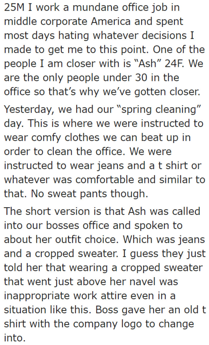 The coworker, with whom the OP is close, decided to wear a cropped sweater for the spring cleaning day at their office.