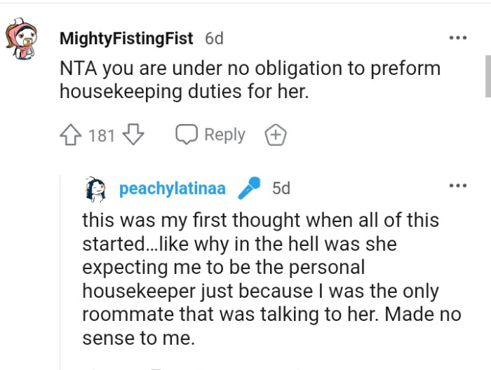 Expecting the OP to be the personal housekeeper