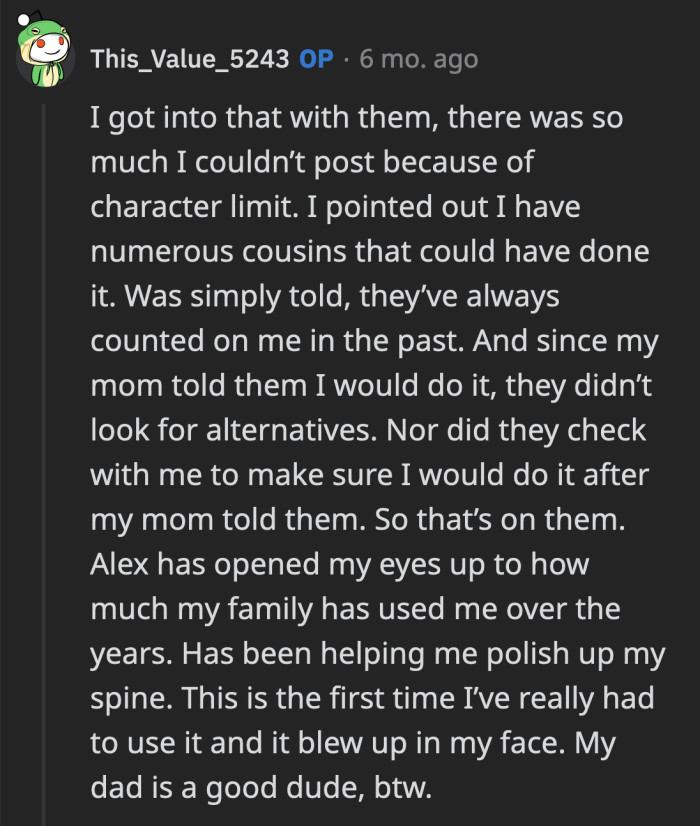 Good thing OP's fiancé is ready to back her up against her toxic relatives, who are only nice to her when they need her for something.