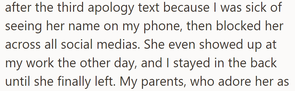 OP blocked Diana after her third apology and avoided her at work.