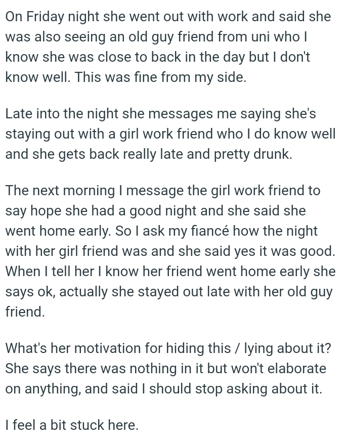 OP's Fiancée Says She's Staying Out with a Female Work Friend Who He Knows Well