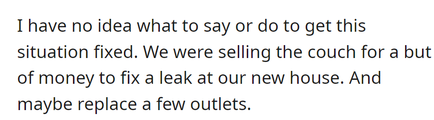 Stuck with no solution, OP's couch was intended to be sold for crucial home repairs, including fixing a leak and replacing outlets.