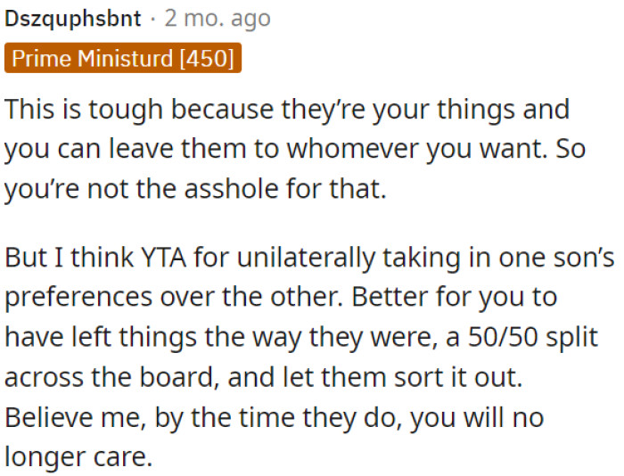 It would be better for OP to maintain an equal 50/50 split and let them resolve it themselves.