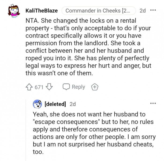 She does not want her husband to escape consequences