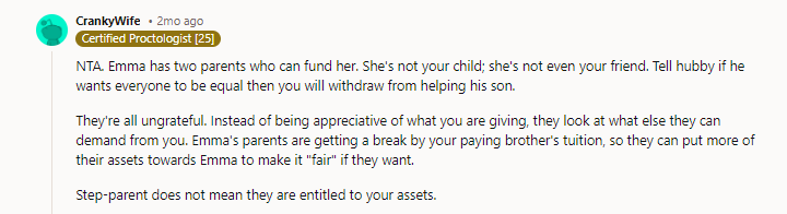 100% this. Emma was 15 and moved out when they got married. She owes her nothing.