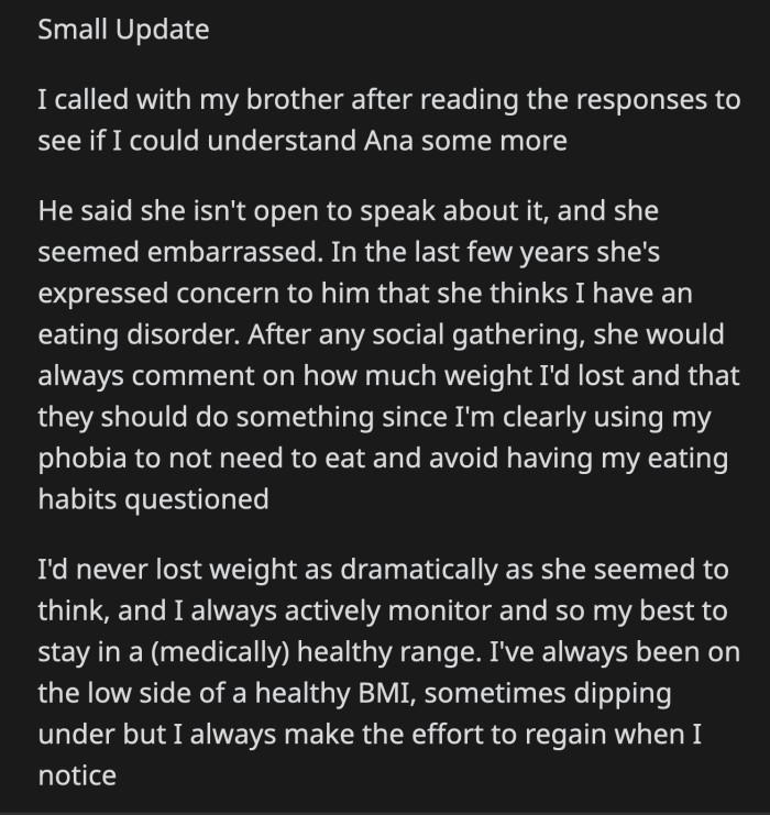 Ana had an ulterior motive for forcing OP to eat the food her family prepared. She suspected that OP used her condition to mask an eating disorder.