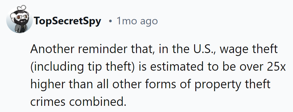 Wage theft, including tip theft, is over 25x more common in the U.S. than property theft!