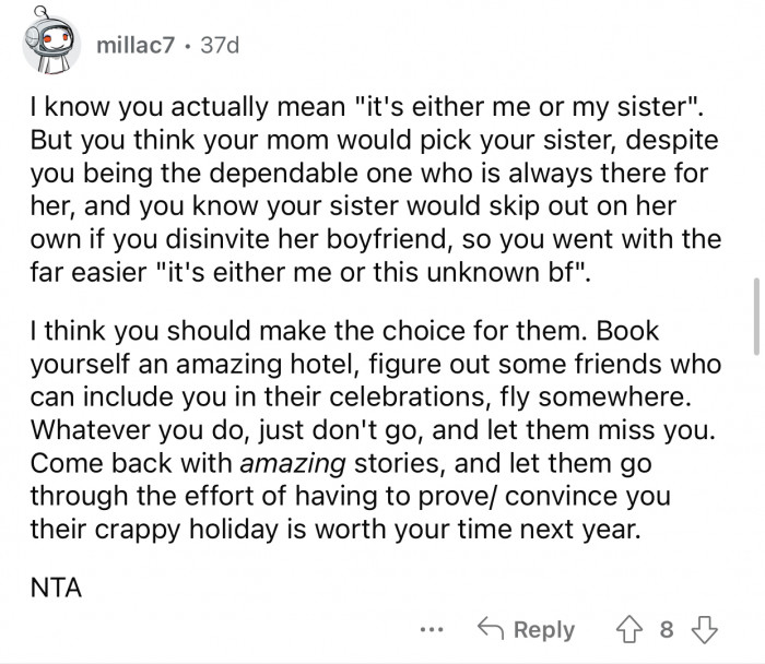 OP should not rely on her family to make that choice for her.