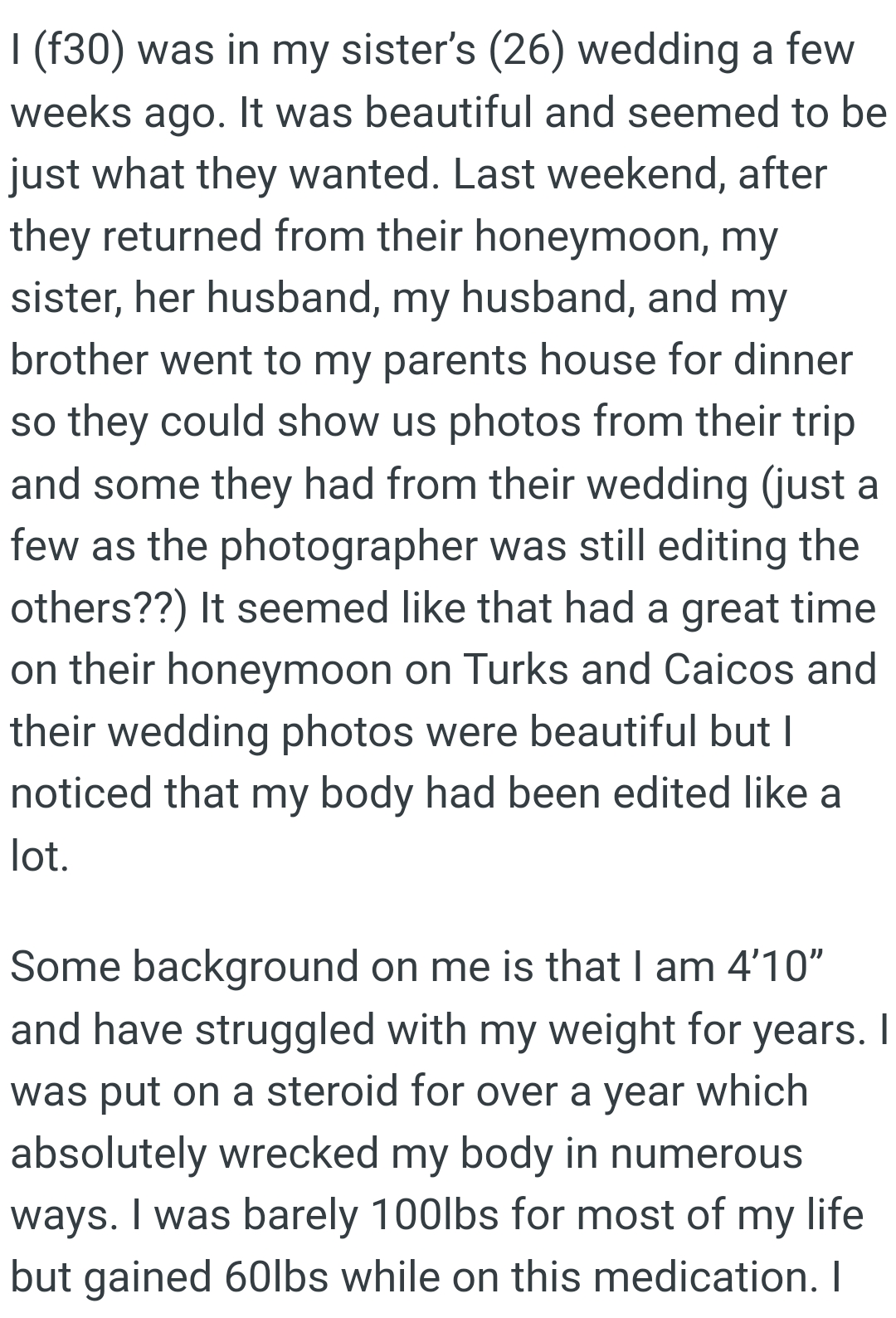 OP's sister, her brother-in-law, her husband, and her brother went to her parents' house for dinner