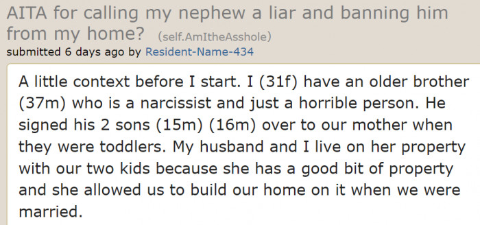 The OP opens her post with some background on her narcissistic brother.