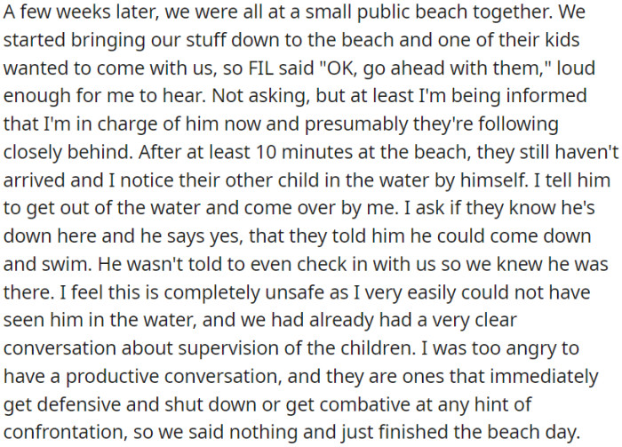 Several days later, an incident occurred at the beach where OP was unaware that she had a responsibility for her sister-in-law's (SIL) children as well.