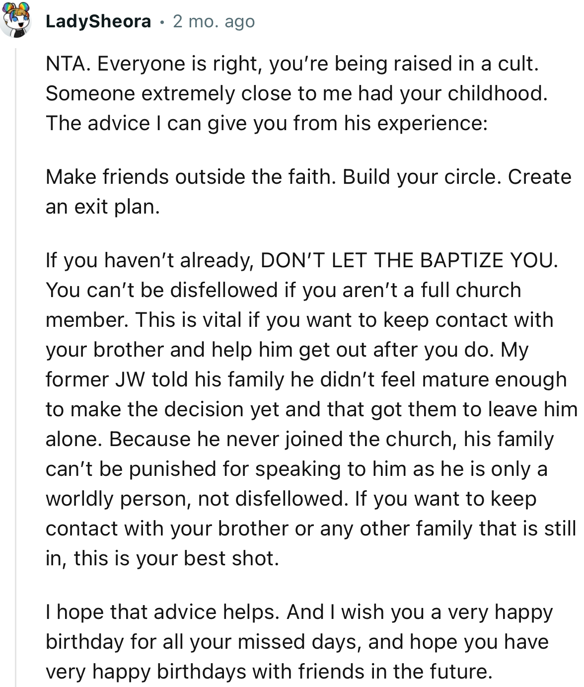 “NTA…Make friends outside the faith. Build your circle. Create an exit plan.”