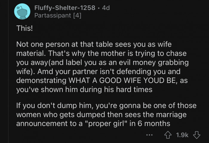 OP's family doesn't see her as wife material.