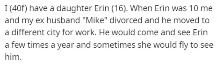 Erin has been living with her mother for the past 6 years since they got divorced.