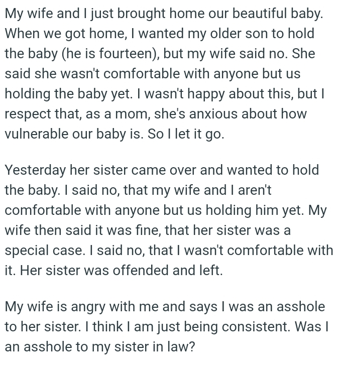 She wasn't comfortable with anyone but them holding the baby yet