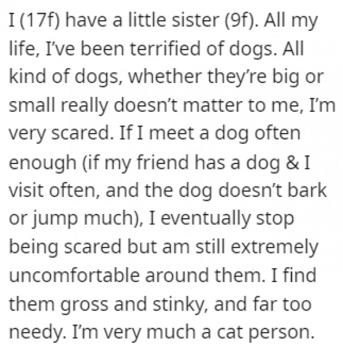 OP has a bad relationship with dogs and finds them gross and stinky