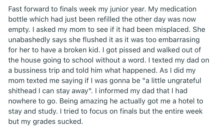 OP’s mom flushed their ADHD meds down the toilet because apparently, “It’s too embarrassing to have a broken kid.”
