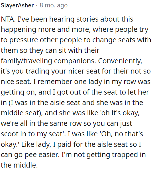 Increasingly, people are pressuring others to swap seats so they can sit together, often trading a better seat for a worse one.