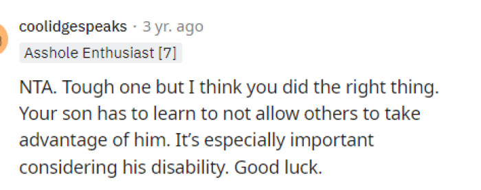 The son has a lot to learn, and this is a great way to see where his head is at when it comes to bullying and dealing with differences.