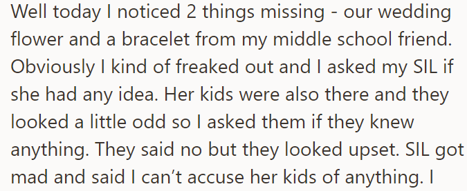 After their guests had gone, the OP noticed they were missing two sentimental items and asked SIL if the kids had taken them