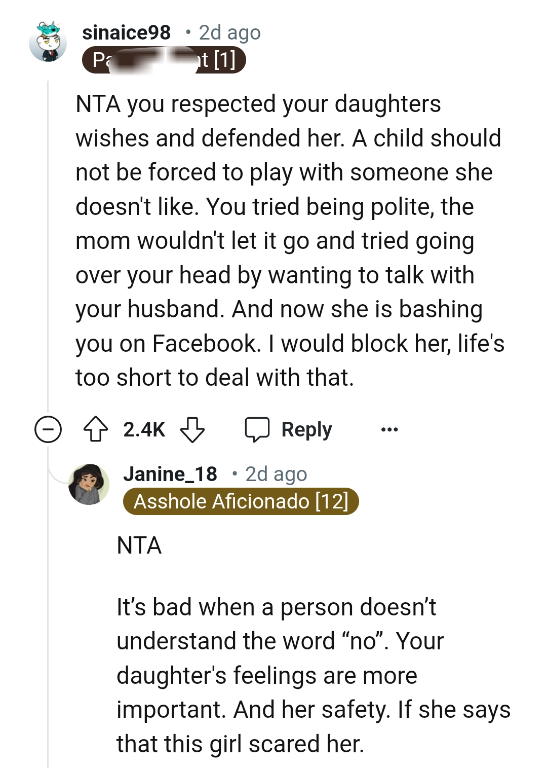 The mom wouldn't let it go despite the OP being polite