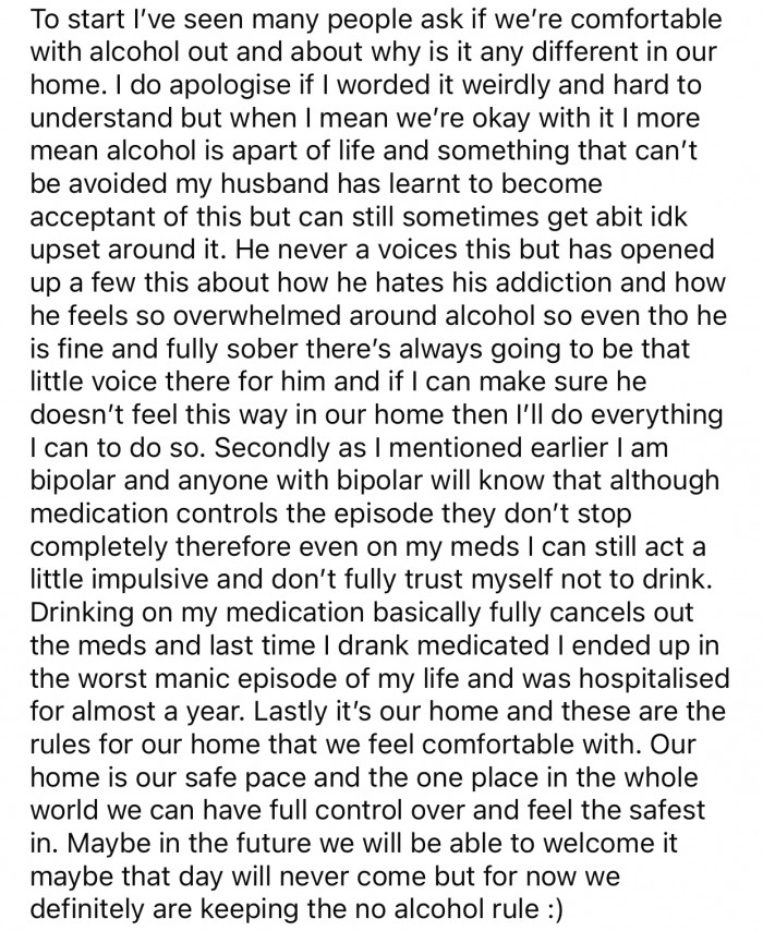 OP's no-tolerance policy for alcohol might change, but for now, it needs to be respected.