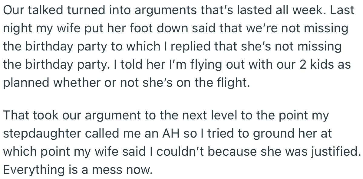 OP Decided It Was Best to Leave His Wife and Stepdaughter Behind to Attend the Party While He Flies Out with His Two Kids for Vacation