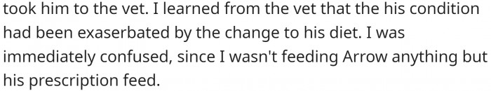 About three months into living together, Arrow began frequently throwing up. OP assumed that this was a sign of his condition naturally worsening with time and took him to the vet