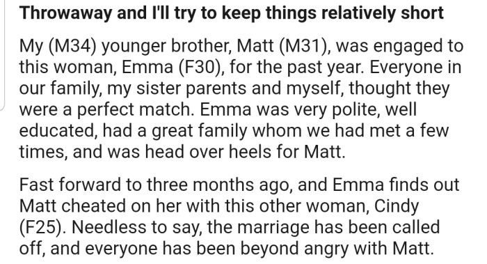 OP's Younger Brother Cheated on His Fiancée, Which Made Her Call Off Their Wedding
