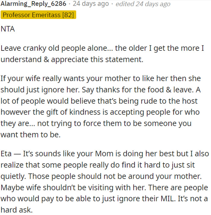 To win over a difficult mother-in-law, OP's wife should show appreciation but not force a connection.