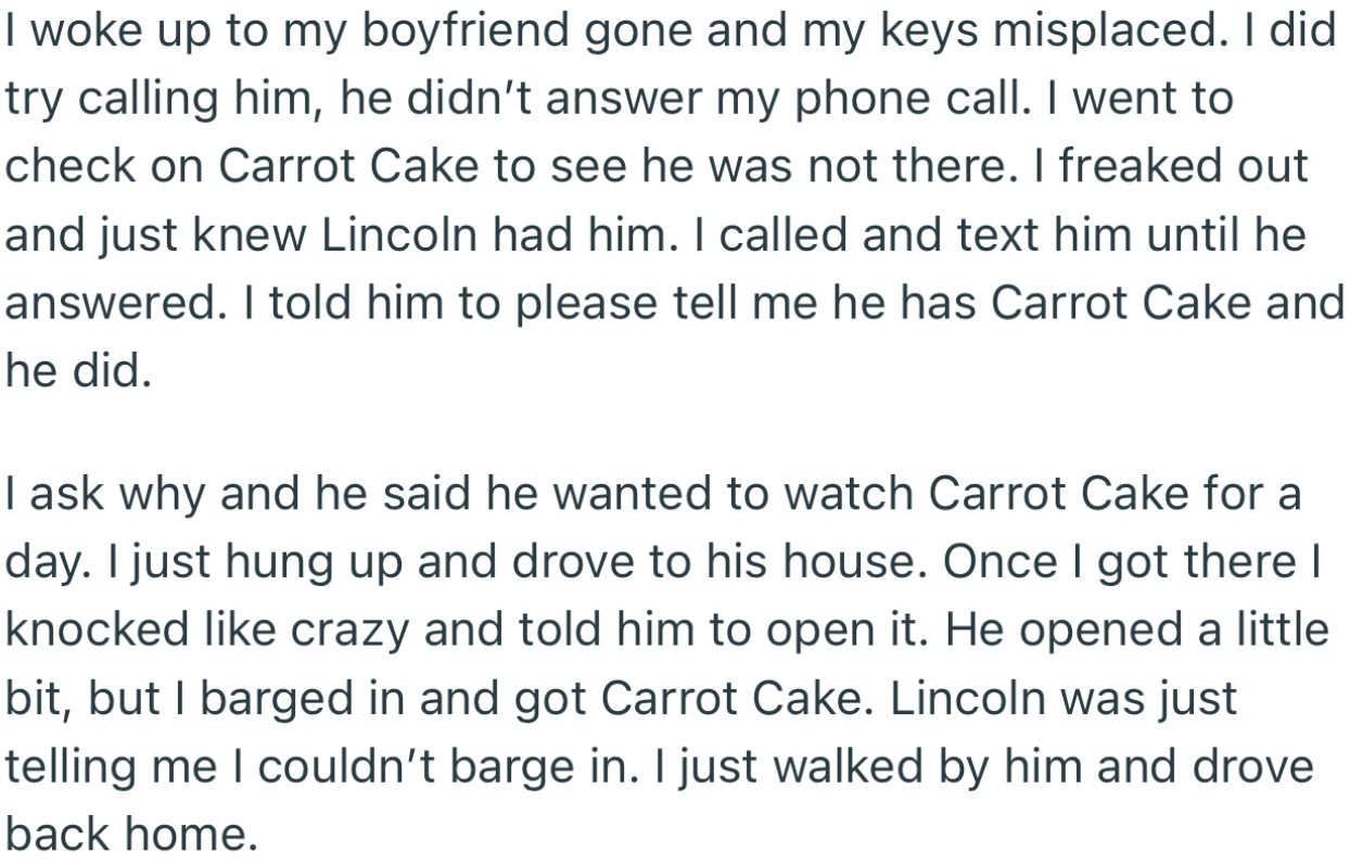 OP woke up the next morning to discover that Lincoln had stolen the bird. But she was quick to recover it from his apartment