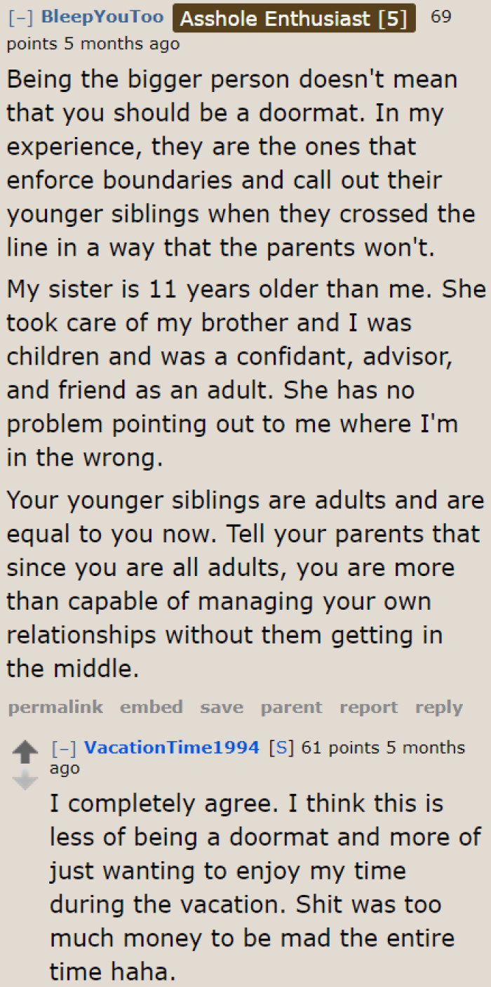 At this point in life, the siblings are all working adults. They're all of equal status now, whether or not they have a degree.