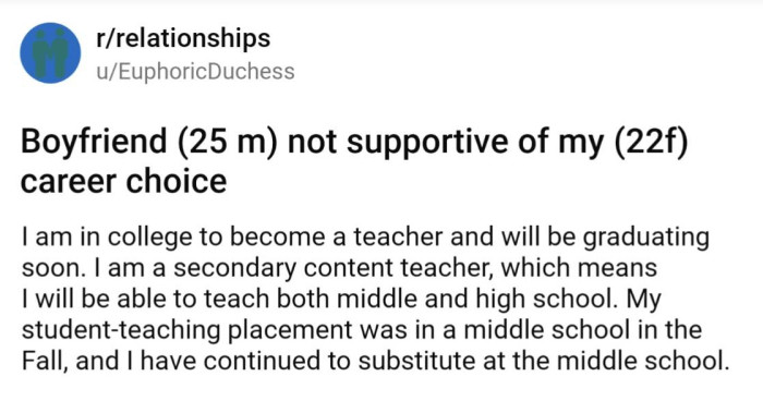 OP is in school to be a teacher and was placed in a middle school for her student-teaching placement