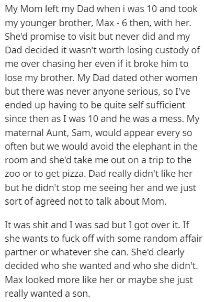 OP's mom left the family when OP was just 10 years old